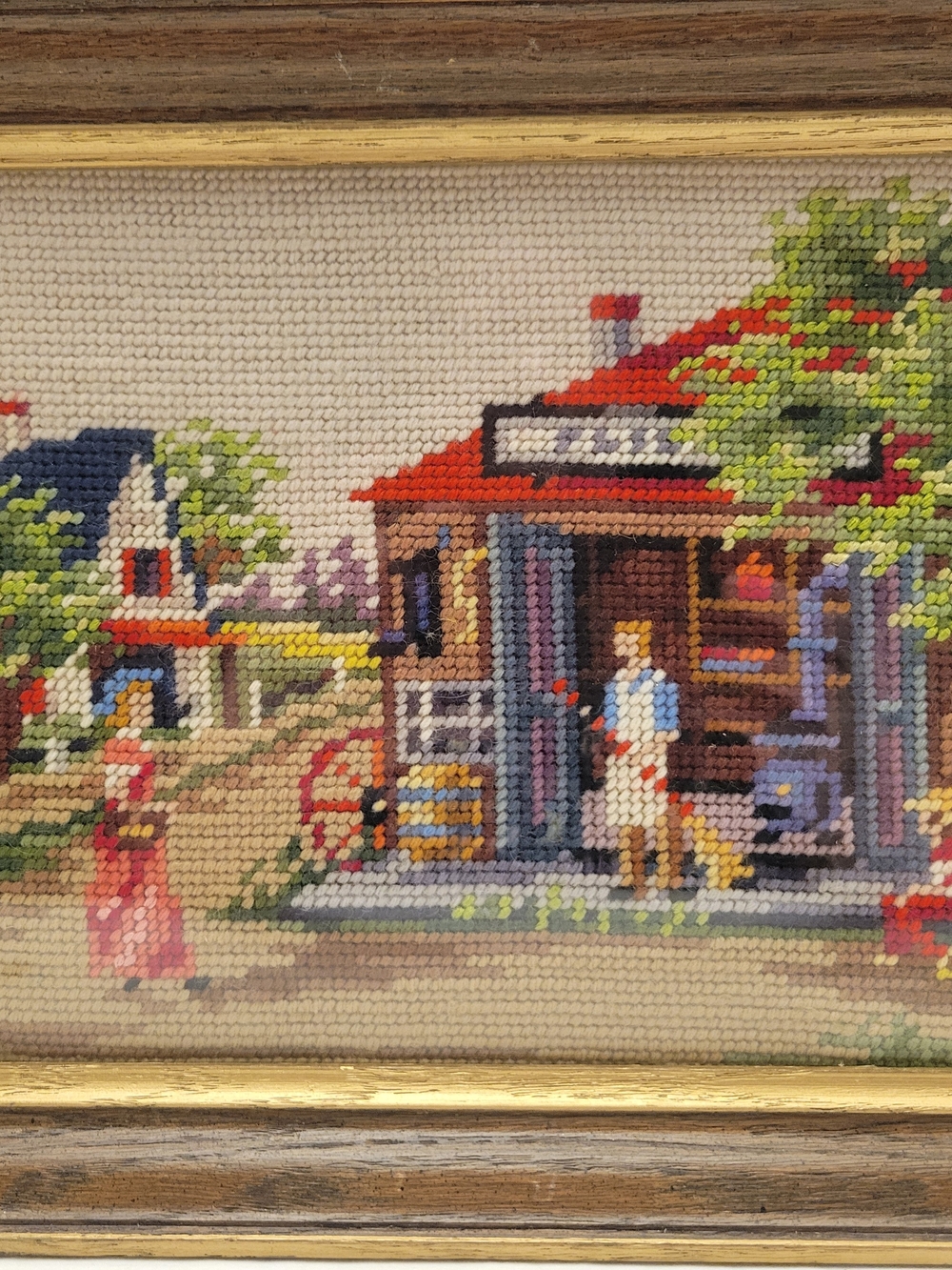 Framed Country Scene Needlepoint Wall Art in Red and Green